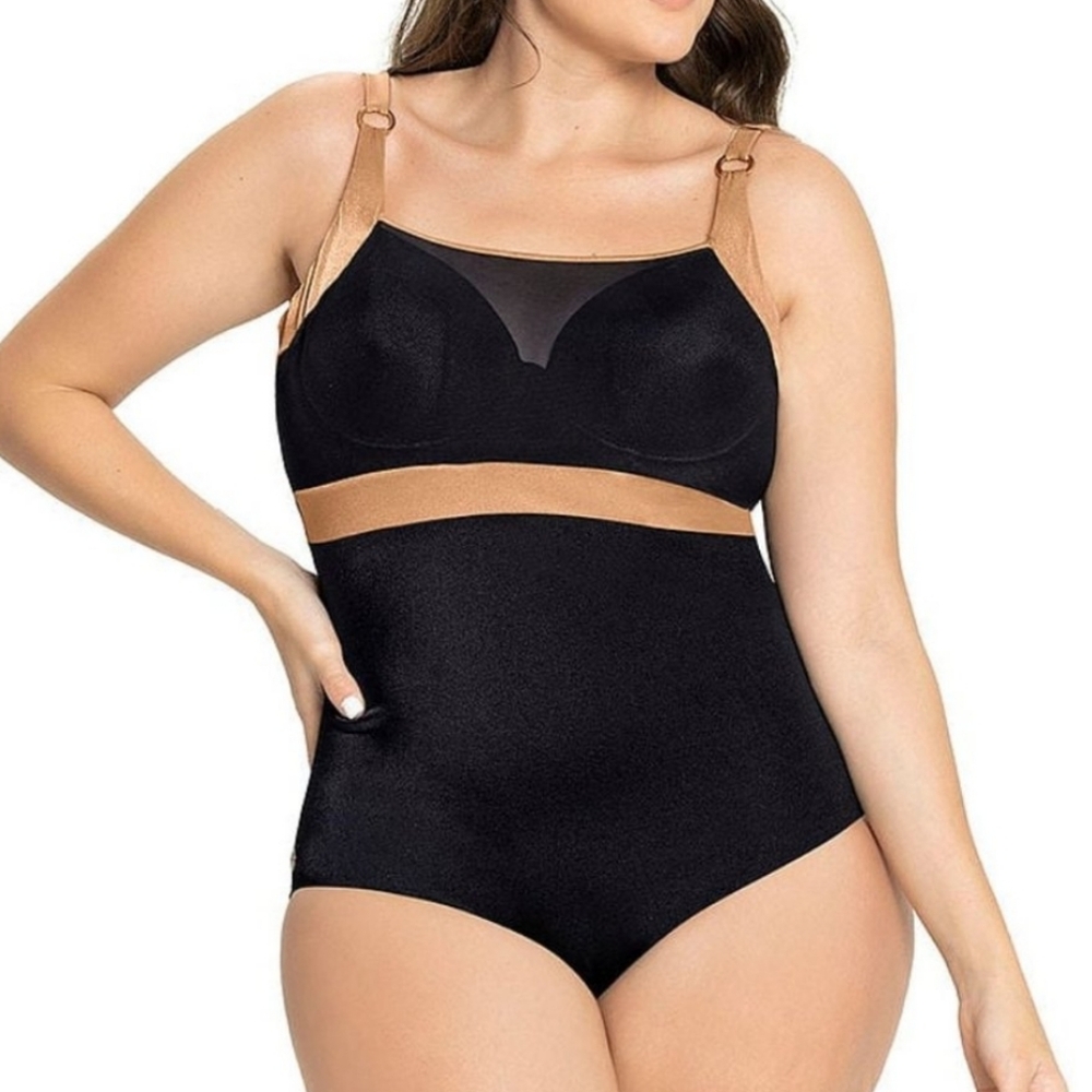 New LEONISA SHAPEWEAR Bathing Suit Black Gold Small